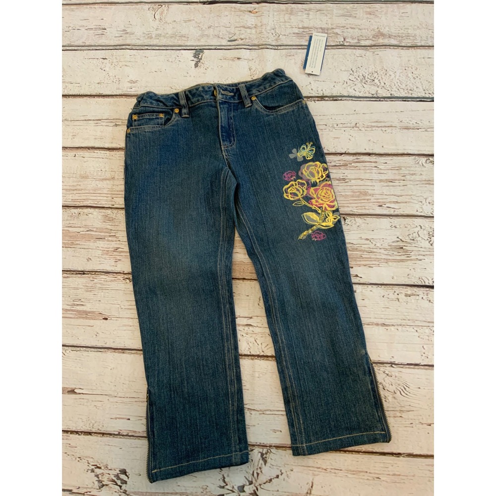 Green Dog Girls Floral Embroidered Jeans Medium Wash Ankle Zip Size 10 NWT